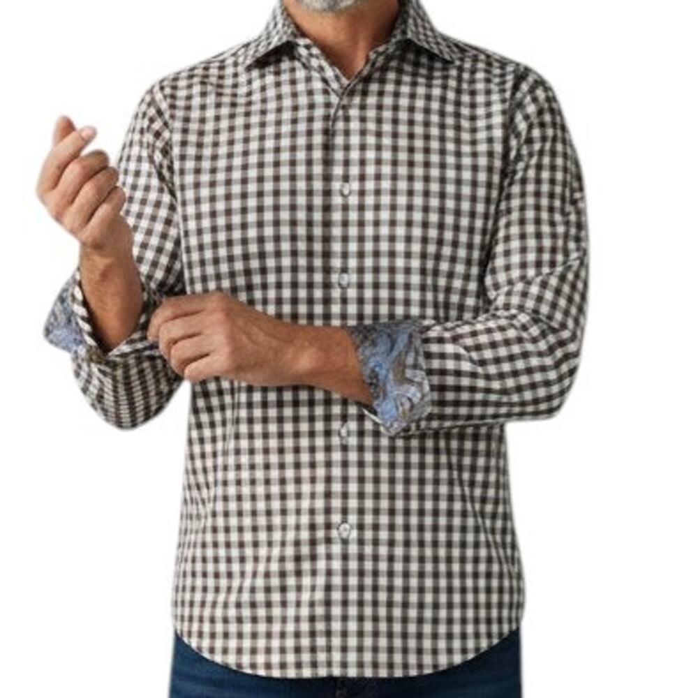 Christian Aujard Paris Shirt Check Paisley Flip Cuff Collar Blue Brown Men L